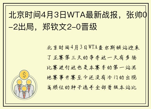 北京时间4月3日WTA最新战报，张帅0-2出局，郑钦文2-0晋级