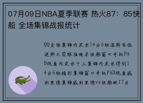 07月09日NBA夏季联赛 热火87：85快船 全场集锦战报统计